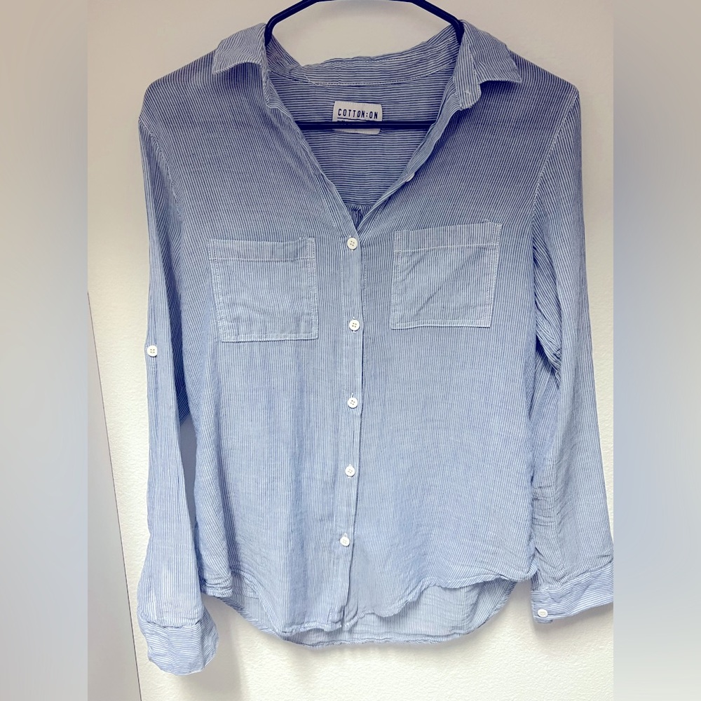 Blue and white striped button down blouse